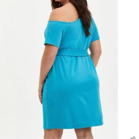 NWT Torrid Aqua Blue Lightweight French Terry Off Shoulder T Shirt Belt Dress 3X - Picture 3 of 9